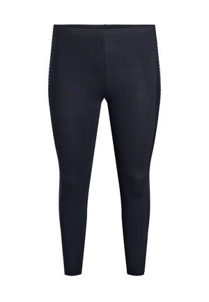 Leggings de color azul marino con diseño elegante, hechos de tejido elástico, que cuentan con un detalle de raya texturizada en el costado para añadir interés.