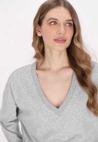 Grauer V-Ausschnitt-Sweatshirt aus weichem Stoff mit langen Ärmeln und geripptem Kragen, mit einem kleinen Anker-Logo auf der Brust.