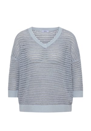 Maglione azzurro chiaro lavorato a maglia con scollo a V, maniche a tre quarti e motivo a maglia aperta e arioso.