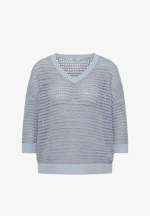 Pull tricoté bleu clair avec col en V, manches trois-quarts et motif ajouré ouvert et aéré.