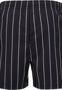Shorts de bain noirs avec des rayures blanches verticales, ceinture élastique, tissu synthétique lisse et coupe décontractée. Pas de poches visibles.