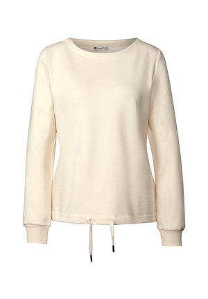 Sweat-shirt de couleur crème avec un col rond, des manches longues, des poignets côtelés et un ourlet à cordon de serrage avec des embouts noirs. Texture lisse.