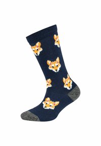 Marineblaue Socken mit wiederholten orangefarbenen Fuchs-Kopf-Mustern, grauen Zehen- und Fersenakzenten, aus weichem, dehnbarem Material.
