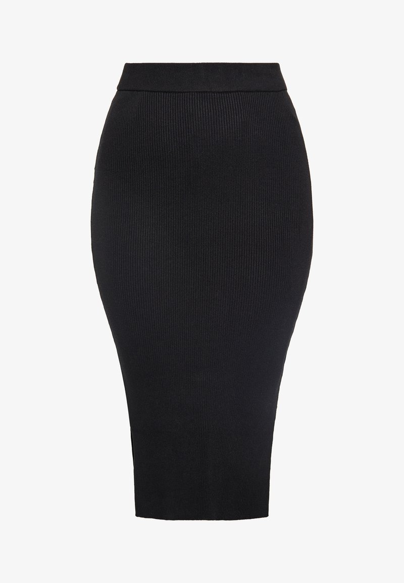 Jupe crayon noire côtelée avec un design ajusté, texture lisse et une coupe mi-genou présentant une fente à l'ourlet pour faciliter les mouvements.