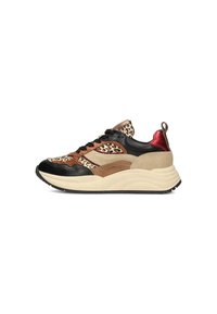 Sneaker mit einer Mischung aus Leopardenmuster und einfarbigen braunen, schwarzen und beigen Materialien. Verfügt über ein strukturiertes Wildleder-Obermaterial und eine dicke, gepolsterte Sohle.