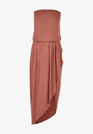 Strapless, dusty rose dress made from soft fabric. Features a gathered bodice, asymmetrical hem, and pleats on one side.