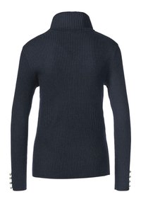 Dunkelblaues, geripptes Sweatshirt mit hohem Kragen und langen Ärmeln. Verfügt über Knopfakzente an den Ärmelbündchen. Weicher Stoff, figurbetonte Passform.