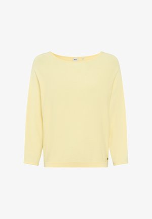 Hellgelber Pullover mit Rundhalsausschnitt und langen Ärmeln, feiner Strickstruktur und kleinem Markenschild nahe dem Saum.