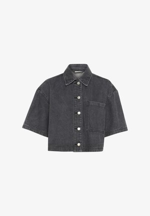 Tamsiai pilkas trumpas džinsinis švarkas su trumpomis rankovėmis. Su priekyje esančiu mygtukų užsegimu, smailiu apykakle ir viena krūtine kišenė.