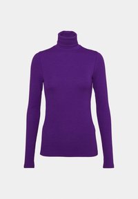 Purple long-sleeve turtleneck top, made of soft fabric, featuring a fitted design and smooth texture, with a high collar and minimal seams.