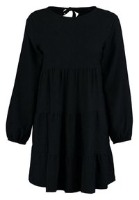 Abito nero realizzato in tessuto testurizzato, con maniche lunghe, scollatura rotonda con un laccetto e un design a strati con una silhouette svasata.