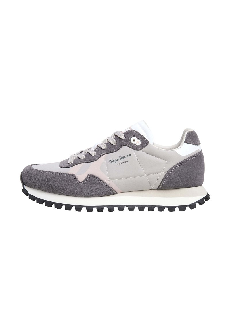 Gray and pink athletic shoe with suede and synthetic materials, featuring a rubber sole, round toe, and lace-up closure. Logo on the side.