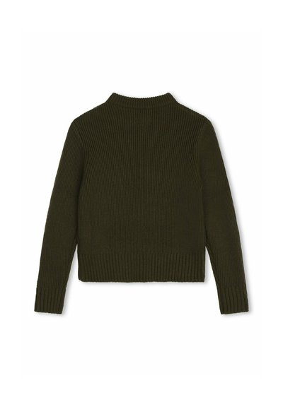 Maglione a coste verde scuro, con maniche lunghe, colletto alto e lunghezza cropped, caratterizzato da una superficie testurizzata e un orlo elasticizzato.