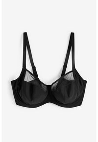 Soutien-gorge noir avec des détails en mesh, bonnets avec armatures, bretelles ajustables et texture lisse. Présente un design structuré et des accents minimalistes.