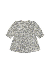 Langärmliges, weißes Babykleid mit blauem Blumenmuster und gerafftem Taillendetail.