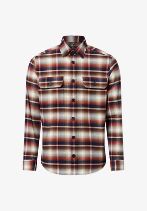 Koszula w kratę z długim rękawem w kolorach czerwonym, granatowym i kremowym. Posiada dwie kieszenie na piersi, zapięcie na guziki oraz klasyczny kołnierzyk. Materiał o teksturowanej fakturze.