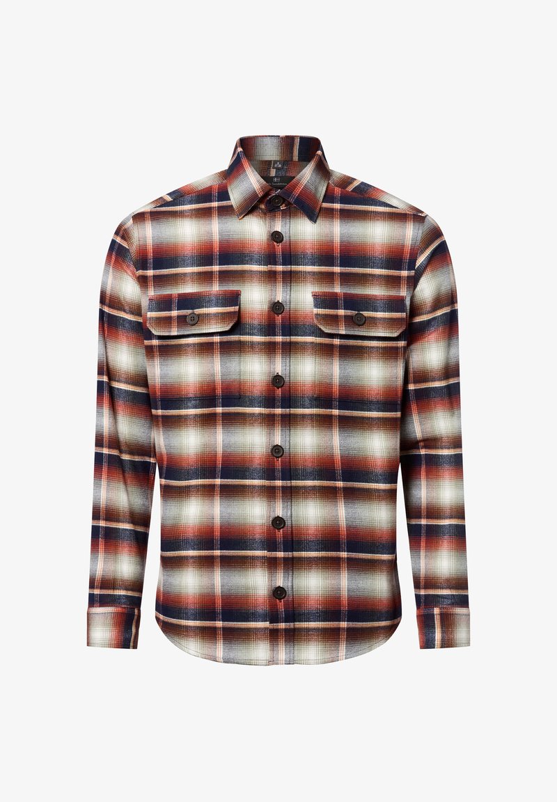 Chemise à manches longues à carreaux dans les couleurs rouge, marine et crème. Présente deux poches poitrine, une fermeture à boutons et un col classique. Tissu texturé.