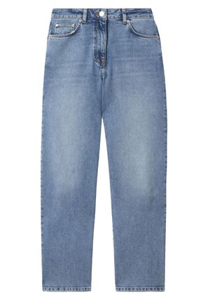 Lichtblauwe denim jeans met een hoge taille, voorste knoop en rits, ontwerp met vijf zakken en rechte pijpen.