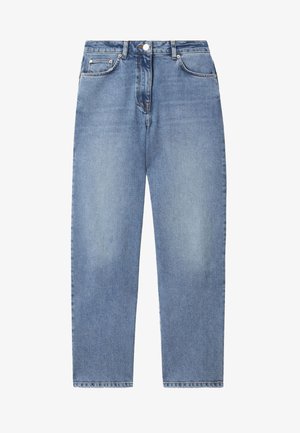 Lichtblauwe denim jeans met een hoge taille, voorste knoop en rits, ontwerp met vijf zakken en rechte pijpen.