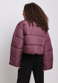 Bordinė pūkinė striukė su sutrumpintu dizainu, plačiomis rankovėmis ir siūtomis plokštėmis. Pagaminta iš lygaus, blizgaus audinio. Matomų metalinių detalių nėra.