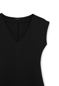 Top senza maniche di colore nero con scollatura a V profonda, realizzato in tessuto liscio. Presenta un design minimalista e un dettaglio sul retro non visibile, etichetta in vista.