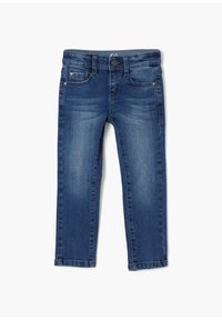 Džínové kalhoty v tmavě modré barvě s mírným vyblednutím, s knoflíkovým a zipovým zapínáním, pěti kapsami a rovnými nohavicemi.