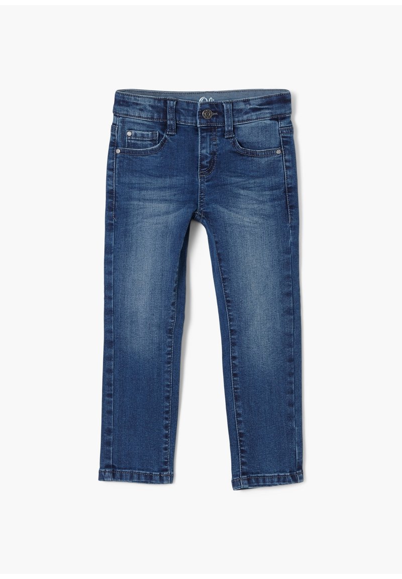 Džínové kalhoty v tmavě modré barvě s mírným vyblednutím, s knoflíkovým a zipovým zapínáním, pěti kapsami a rovnými nohavicemi.