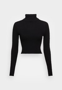 Svart ribbad polotröja med långa ärmar och kortad nederkant. Tyget har vertikala ränder och en figurnära siluett.