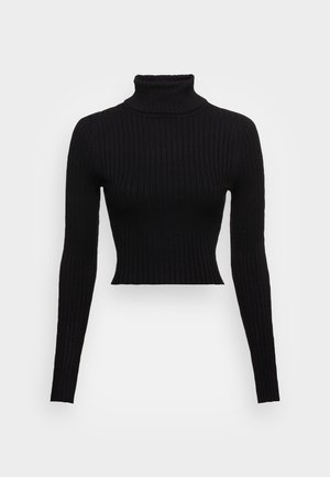 Pull à col roulé noir côtelé avec des manches longues et un ourlet court. Le tissu présente des rayures verticales et une silhouette ajustée.