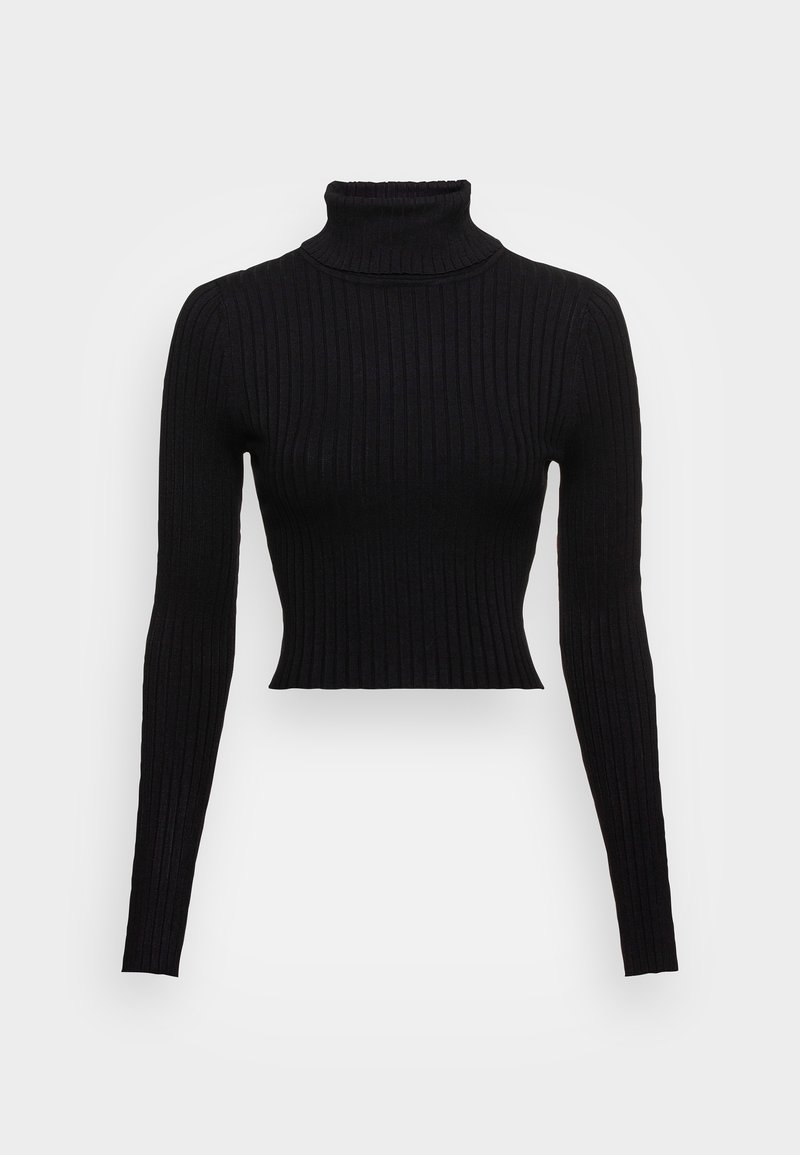 Schwarzer, gerippter Rollkragenpullover mit langen Ärmeln und cropped Saum. Der Stoff hat vertikale Streifen und eine figurbetonte Silhouette.