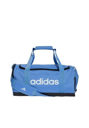 Borsa sportiva Adidas blu con cerniera nera, tracolla e logo sul davanti, su sfondo bianco.
