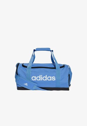 Borsa sportiva Adidas blu con cerniera nera, tracolla e logo sul davanti, su sfondo bianco.
