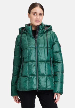 Grüne Daunenjacke mit gepolstertem Design, Reißverschluss vorne und Kapuze. Verfügt über schwarze Reißverschlussakzente und verstellbare Kordelzüge. Glatte Textur.
