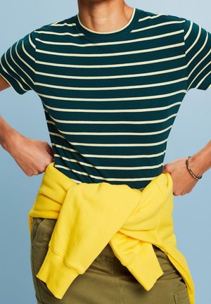 Persoon draagt een donker groen-wit gestreept t-shirt met een gele trui om de taille geknoopt, tegen een lichtblauwe achtergrond.