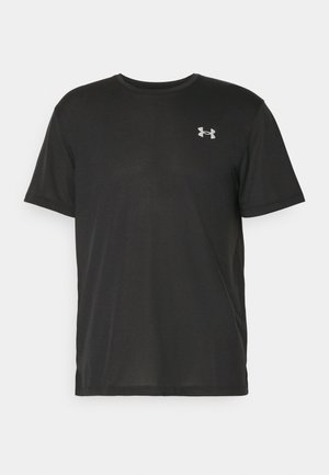 Schwarzes T-Shirt mit kurzen Ärmeln aus glattem Stoff, mit rundem Ausschnitt und einem kleinen grauen Logo auf der oberen linken Seite.