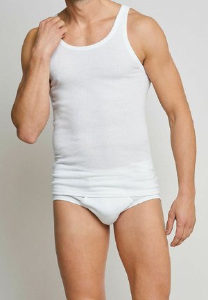 White cotton tank top with a ribbed texture, featuring wide shoulder straps, paired with white briefs, highlighting a snug fit.