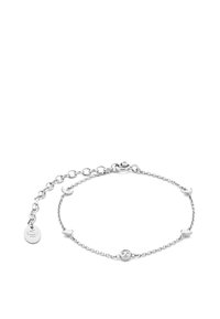 Silbernes Armband mit einer filigranen Kette, ausgestattet mit kleinen Mondsicheln und einem zentralen Stein. Anpassbare Größe mit einem Karabinerverschluss.