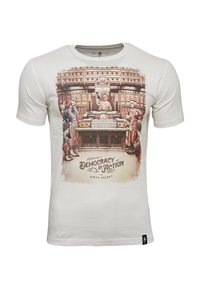 White cotton T-shirt featuring a vintage-style graphic print of clowns and a setting resembling a historic chamber, with "Democracy in Action" text.