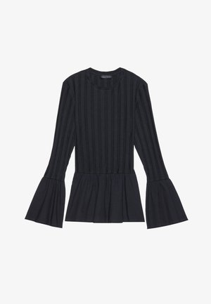 Schwarz langärmliges Oberteil mit vertikalen Streifen und weit ausgestellten Ärmeln. Verfügt über eine Peplum-Silhouette und einen weichen Textilstoff.