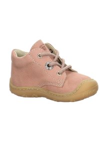 Rosa Leder-Ankle-Boots mit runder Zehenpartie, Schnürverschluss und Gummisohle. Mit Stickdetails und einem Logo an der Seite.