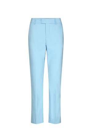 Pantalones a medida de color azul claro con trabillas para cinturón, cremallera frontal y pantalones de corte recto sobre fondo blanco.
