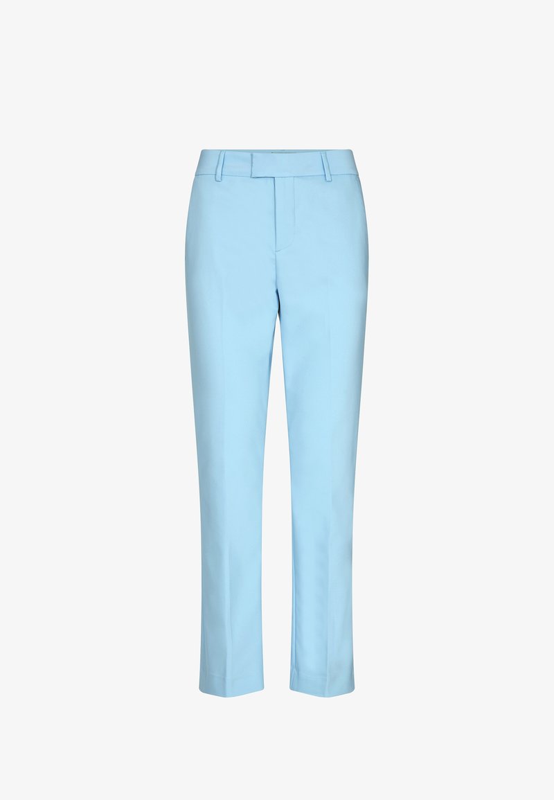 Pantalon bleu clair coupé sur mesure avec passants de ceinture, fermeture éclair à l'avant et jambes droites sur fond blanc.
