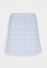 Světle modrá áčková sukně s mřížkovým vzorem a modrými liniemi. Vyrobena z hladkého materiálu, má čistý lem a minimalistický design.
