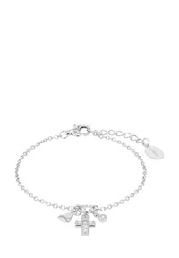 Pulsera de cadena de plata con un crucifijo, un charm de corazón y una piedra redonda, con cierre de langosta y longitud ajustable.