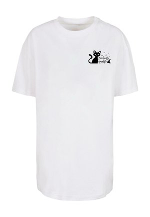 Hvid bomulds-t-shirt med korte ærmer, prydet med et sort katte-grafik og teksten "Purrfectly Spooky!" på venstre brystområde.
