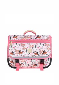 Roze schooltas met een paardenprint en harten, gemaakt van textiel, met klepsluiting, handvat bovenop en verstelbare schouderbanden.