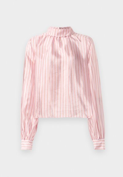 Pink, striped blouse featuring a high collar, long sleeves with buttoned cuffs, and a cropped design. Smooth texture with shiny accents.
