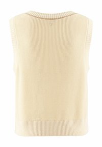 Crème-kleurige gebreide mouwloze trui met een ronde halslijn, ribbelstructuur en een kleine ronde accent aan de achterkant.
