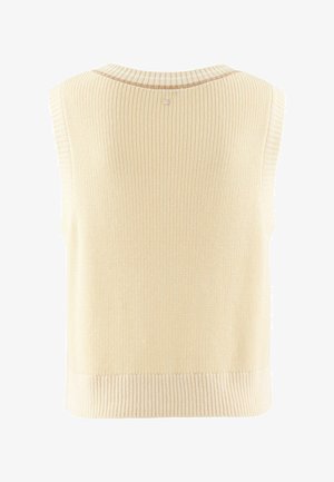 Cremefarbenes gestricktes ärmelloses Oberteil mit rundem Ausschnitt, geripptem Muster und einem kleinen runden Akzent auf der Rückseite.