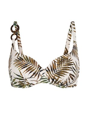 Biustonosz bikini z fiszbinami w brązowo-zielono-czarny wzór liści palmowych na białej tkaninie, z ozdobnymi drewnianymi kółkami na jednym ramieniu.